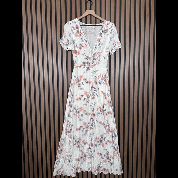 House of Bohemian Dress Small Womens Maxi Floral Henley Short Sleeve Boho - Picture 1 of 8